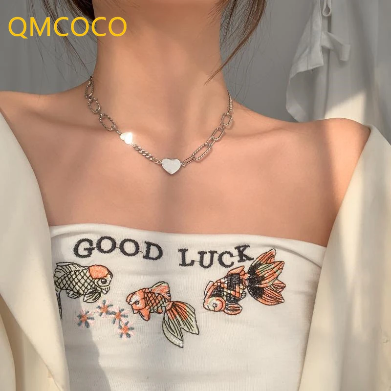 

QMCOCO Silver Color Necklace For Women Trend Fashion Temperament Creative Splicing Chain Heart-Shape Party Fine Jewelry Gifts