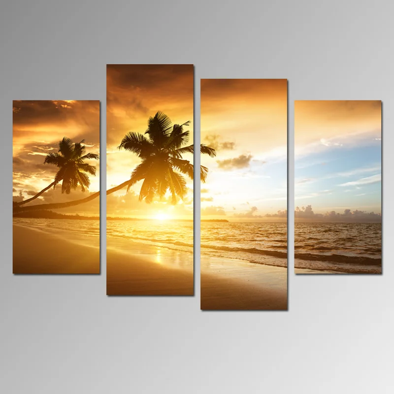 

Landscape Canvas Painting Coconut Trees on Beach Wall Art Poster 4 Pieces Golden Sunshine HD Print Home Decor Modern Picture
