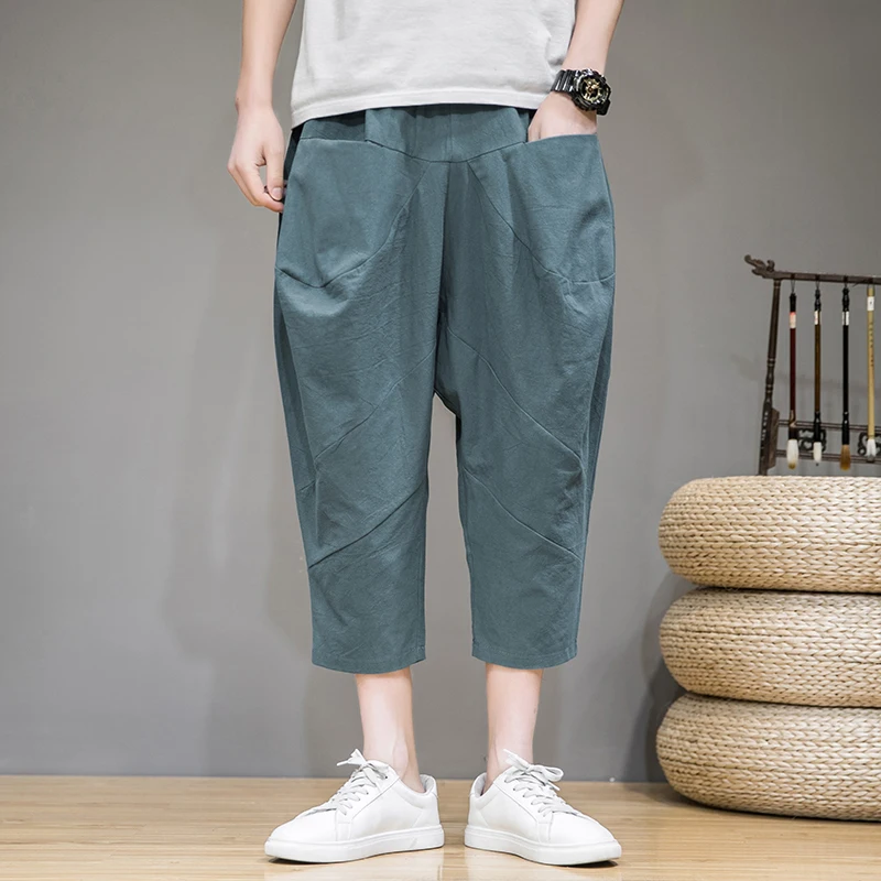 

Harem Pants Men Streetwear Causual Loose Cotton Chinese Pockets Harajuku Fashion Calf-length Pants Tousers Men 2021 New