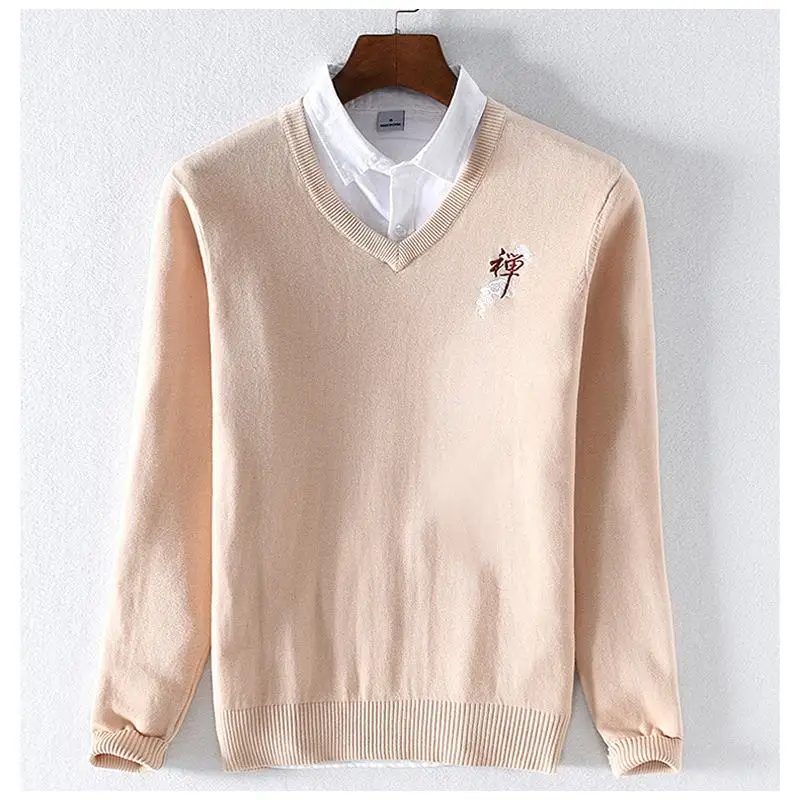 High Quality Chinese-Style Mens Long Sleeve V-Neck Sweaters 100% Cotton Casaul knitted Clothes Fashion Slim Male Tops | Мужская одежда