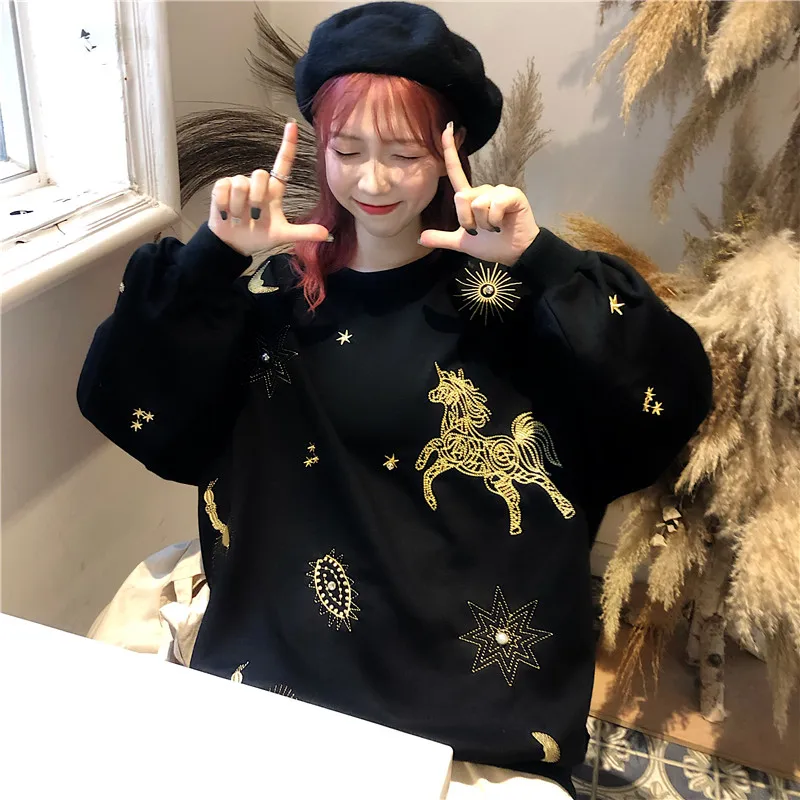 Новая ulzzang зимняя забавная Толстовка с принтом единорога из мультфильма Женская