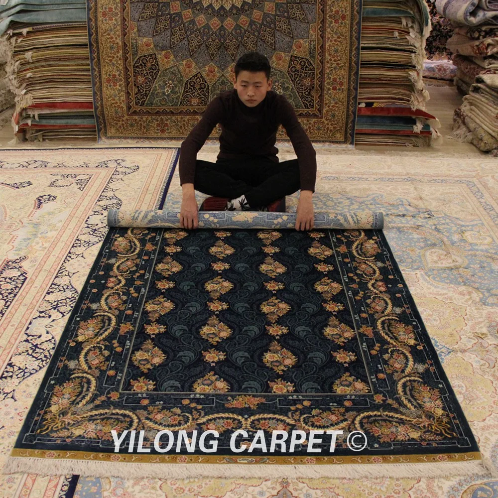 Yilong 4 5 'x 6 5' Синий турецкий традиционный шелковый ковер с цветочным узелком