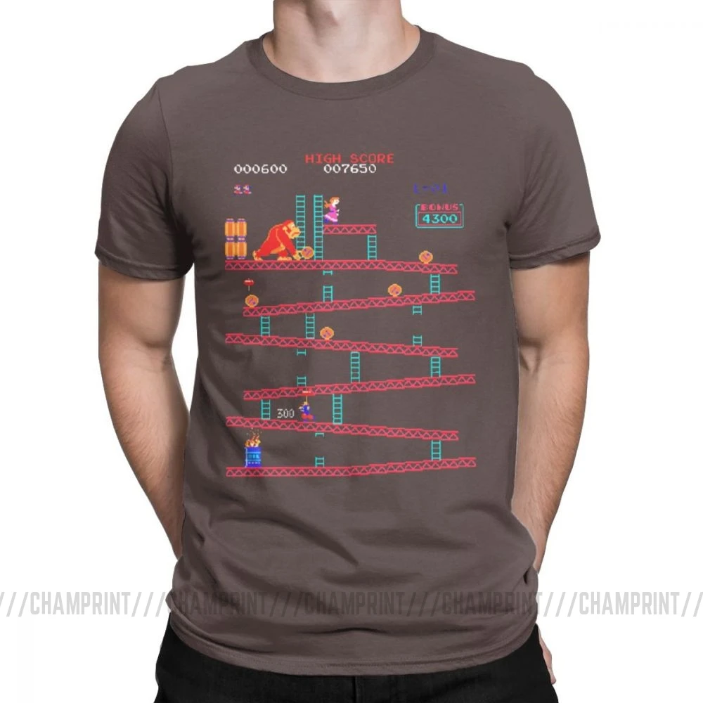 Футболки Donkey Kong для мужчин, аркадная игра, коллаж, винтажные футболки из чистого хлопка, вырез лодочкой, с коротким рукавом в стиле ретро, футболка, большие размеры, Забавные топы - Цвет: Коричневый