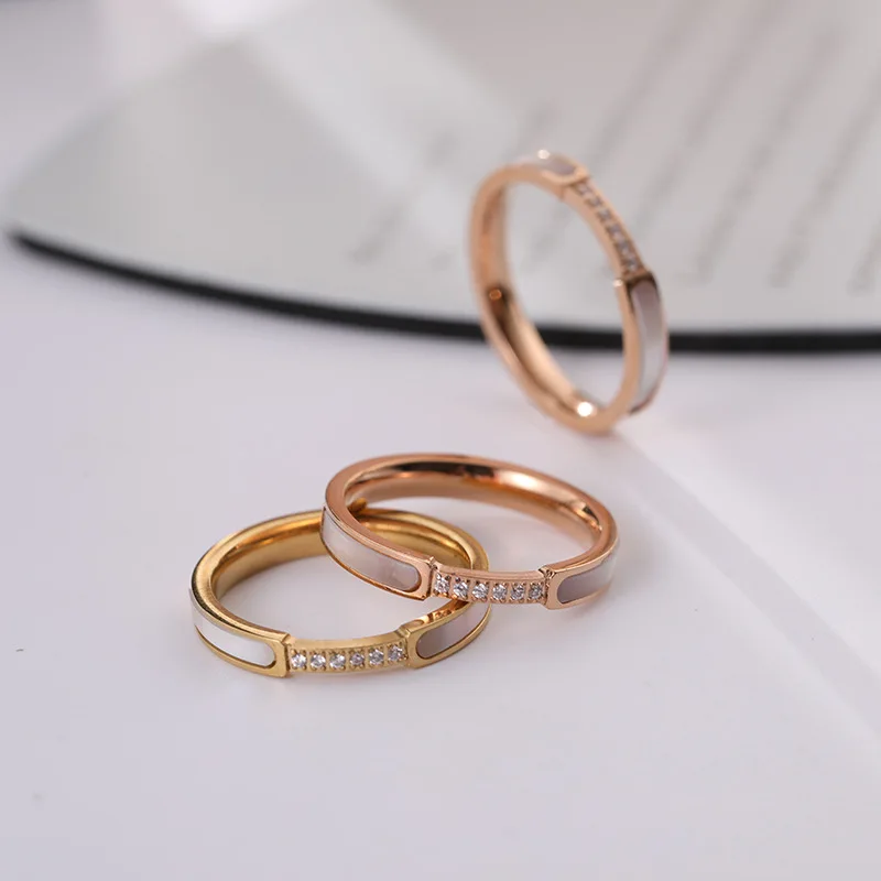 

Rose Gold Color Stainless Steel 3mm Rings For Women Engagement Accessories, Trendy White Shell Crystal Woman's Ring Jewelry