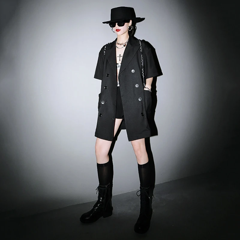 [EAM] женский черный блейзер с пряжкой на пуговицах большой размер новая свободная