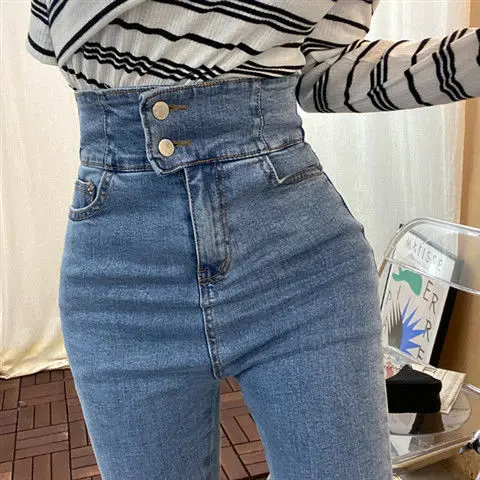 

2021 Autumn Korean Elastic High Waist Jeans Trousers Women's Stretch Hip Slim Fit Skinny Thin Denim Pencil Pants Streetwear X32