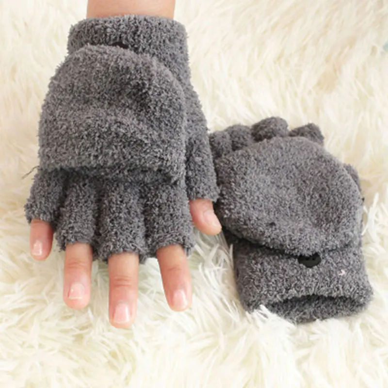 

1 Pair Women Winter Gloves Soft Coral Fleece Flip Cover Half Finger Mittens Plush Touchscreen Warmer Gloves For Women Men