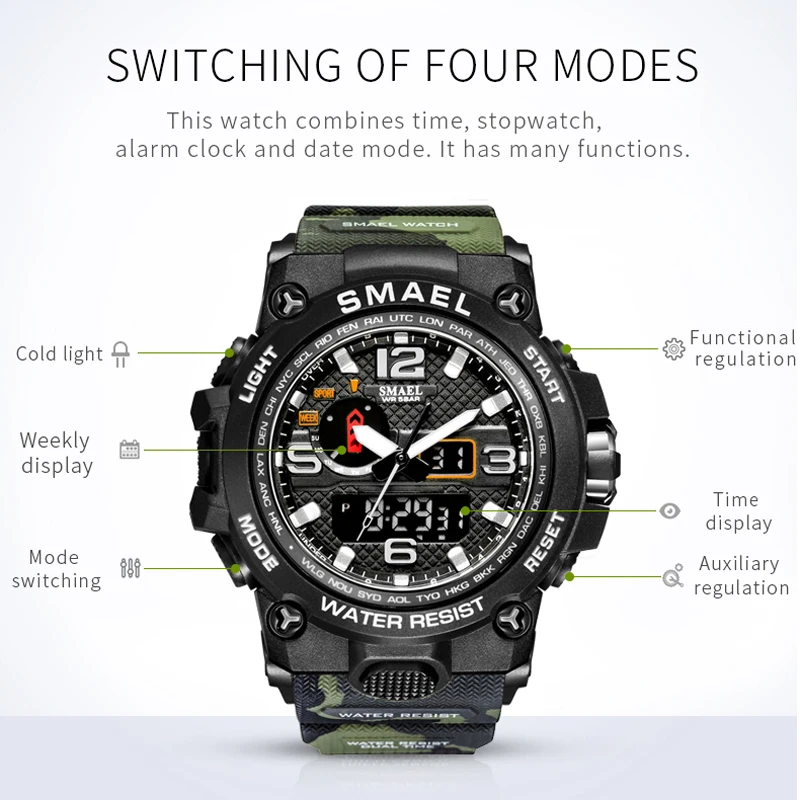 SMAEL Fashion Sport Watch Men Alarm Clock Camouflage Waterproof Week Display Men Watches Digital Watch relogio masculino 1545B