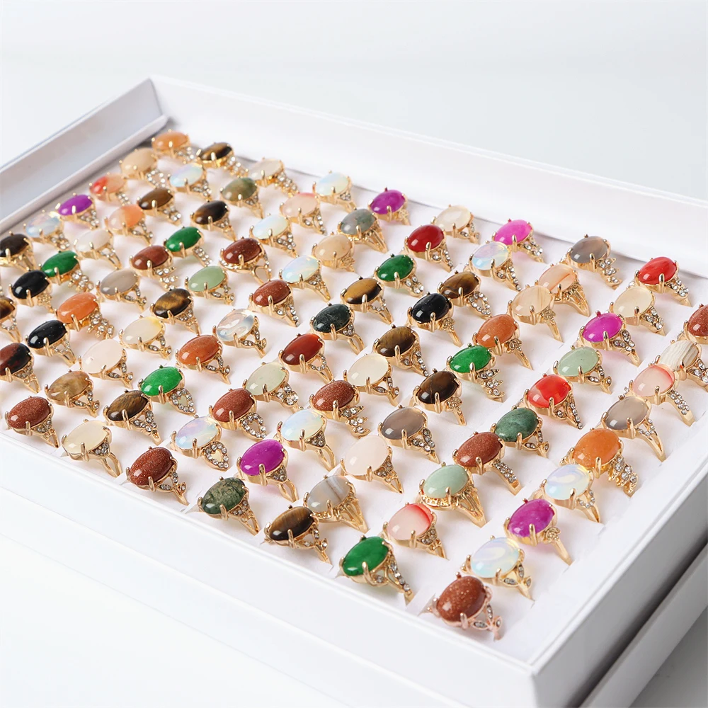 

30pcs/lot Fashion Colorful Natural Stone Rhinestone Gold Plated Rings Jewelry For Women Party Gifts Mix Style Wholesale