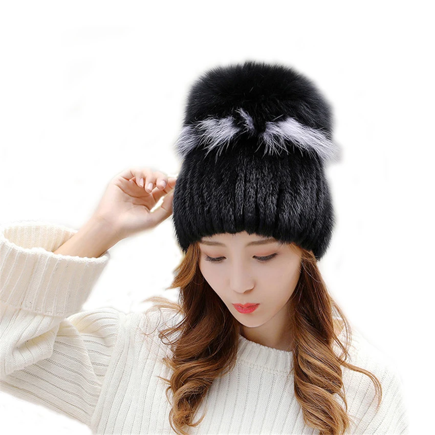 2019 Hot Fashion Ladies Mink Fur Hat Style Fur Hat With Fox Plush Ball Woven Hat Ladies Out Warm Cap.