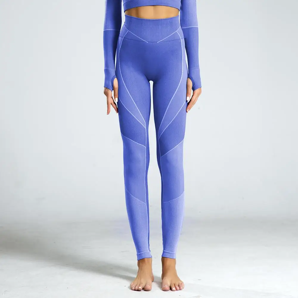 leggings-blue 2pcs/set Vital Women Sport Suit Gym Blue Set Workout Clothes Long Sleeve Fitness Crop Top+ High Waist Energy Seamless Leggings - Цвет: leggings-blue