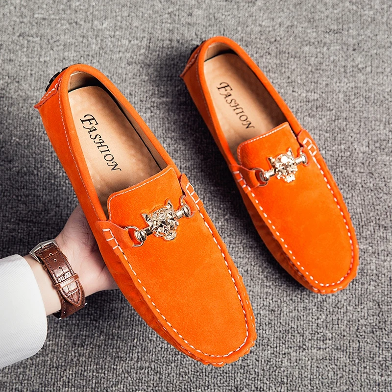 

Big size Penny loafers men Casual Fashion Suede Leather Mens Loafer Man Moccasins Slip On Men's Flats Male Driving Shoes Orange