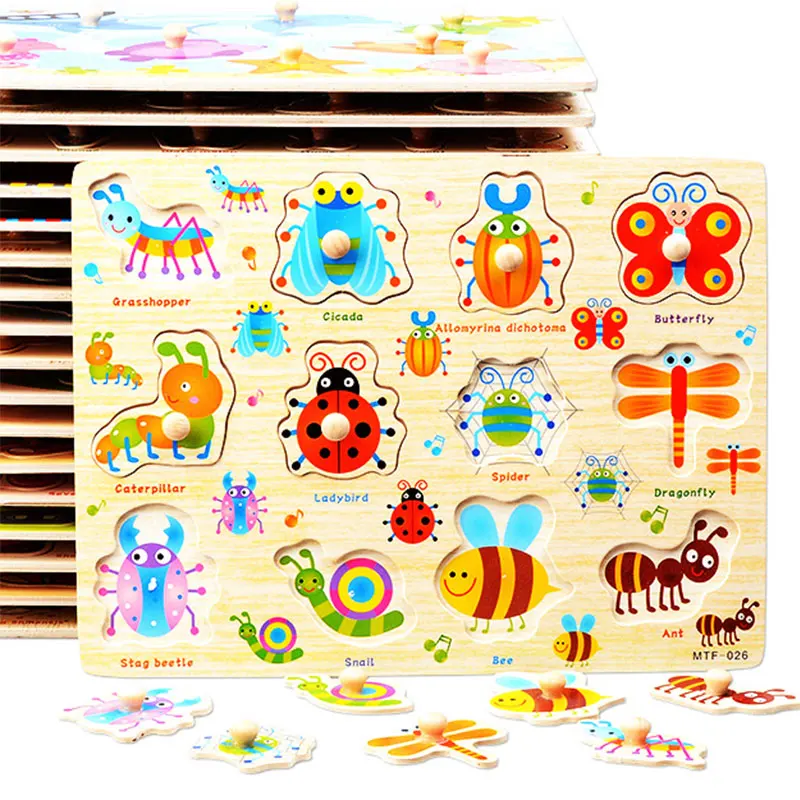

Montessori Puzzle Children Toys Cartoon Animals Fruits Traffic Recognize Educational Wooden Puzzle Hands Hold Jigsaw Puzzle