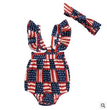 

Baby Girls Casual Fly Sleeve Romper Cute Independence Day Print Bandage Jumpsuits and Headband