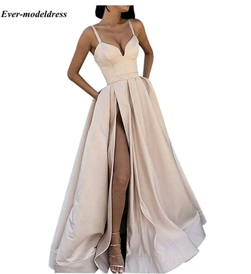 Vestidos De Gala королевские синие платья для выпускного вечера с высоким разрезом на тонких бретелях Простые Вечерние платья для выпускного вечера с карманами дешевые халаты