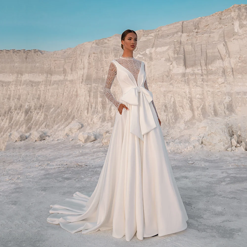 

Jersey White suknia ślubna Bohemian Sweep Train Illusion Long Sleeve Wedding Dresses Bow Ruched Scalloped Bridal Gown