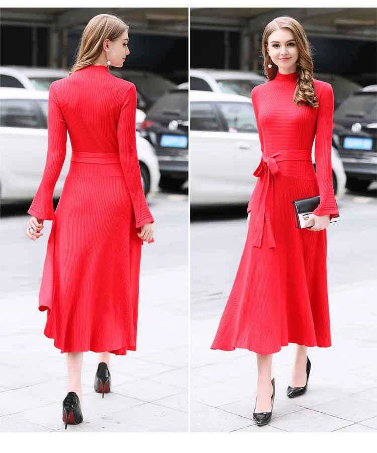 2021 женское плотное платье-свитер осенне-зимнее однотонное средней длины с