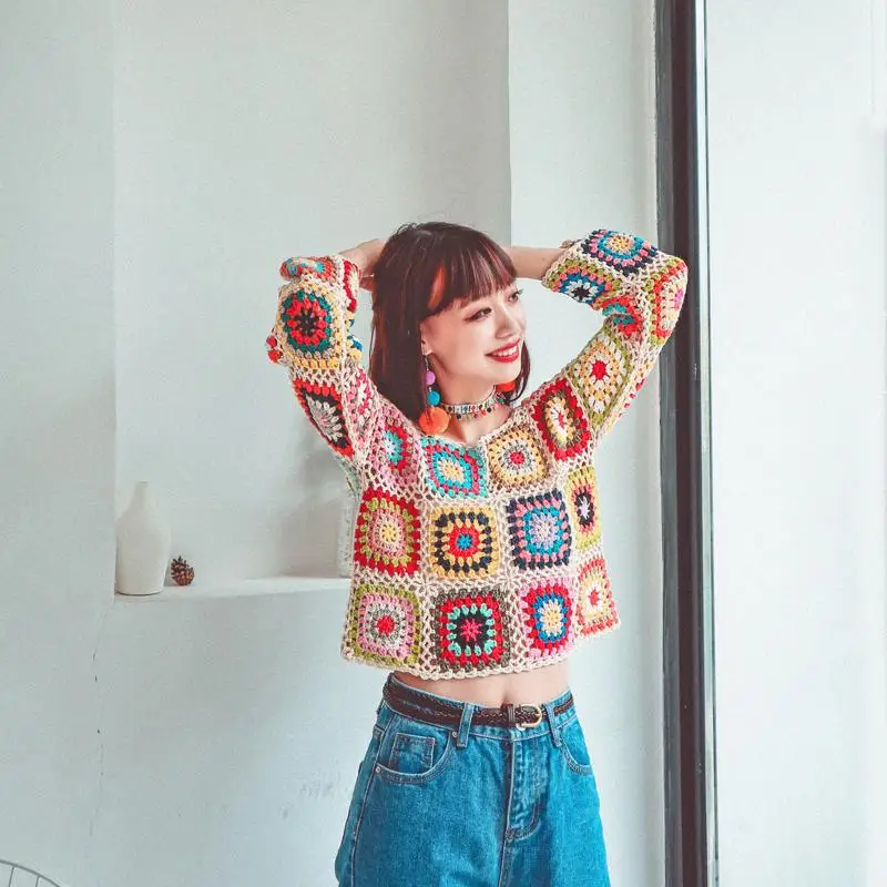 New 2021, Chinese, Retro, Ethnic, Women's, Knits, Bohemian Hollowed-Out, Hand-Woven Crochet Sweater ln knits пальто