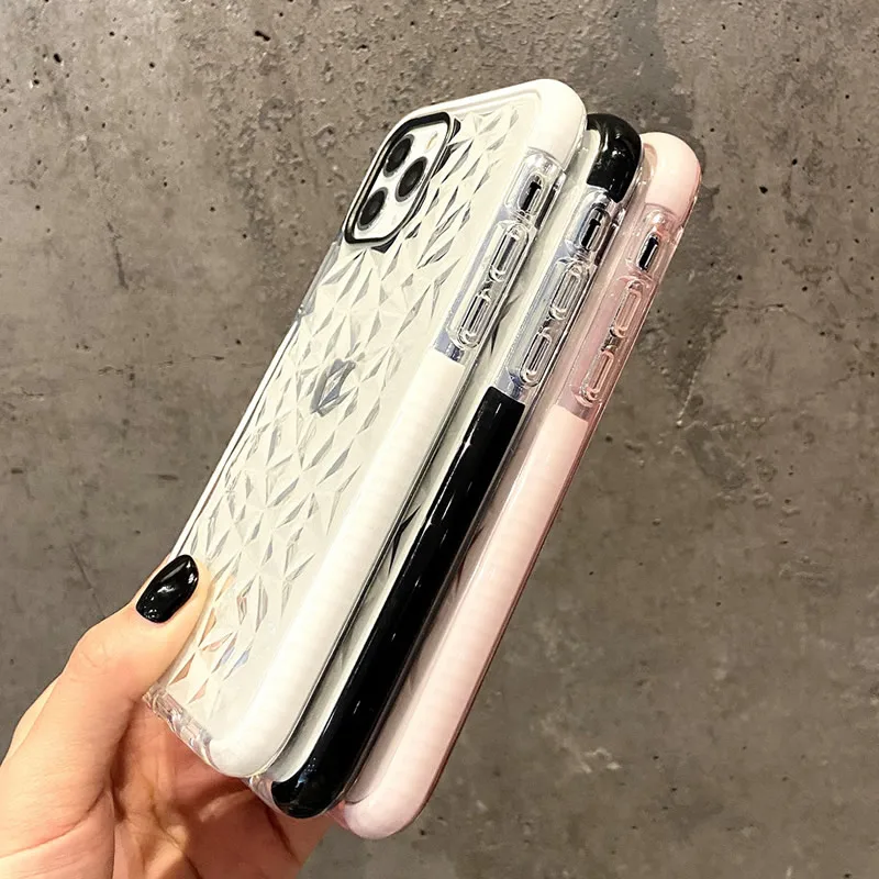 

Luxury Transparent Diamond Pattern Phone Case For iPhone 12 11 Pro XS XR X Max 7 8 SE 2020 Shockproof Soft Silicone Back Cover