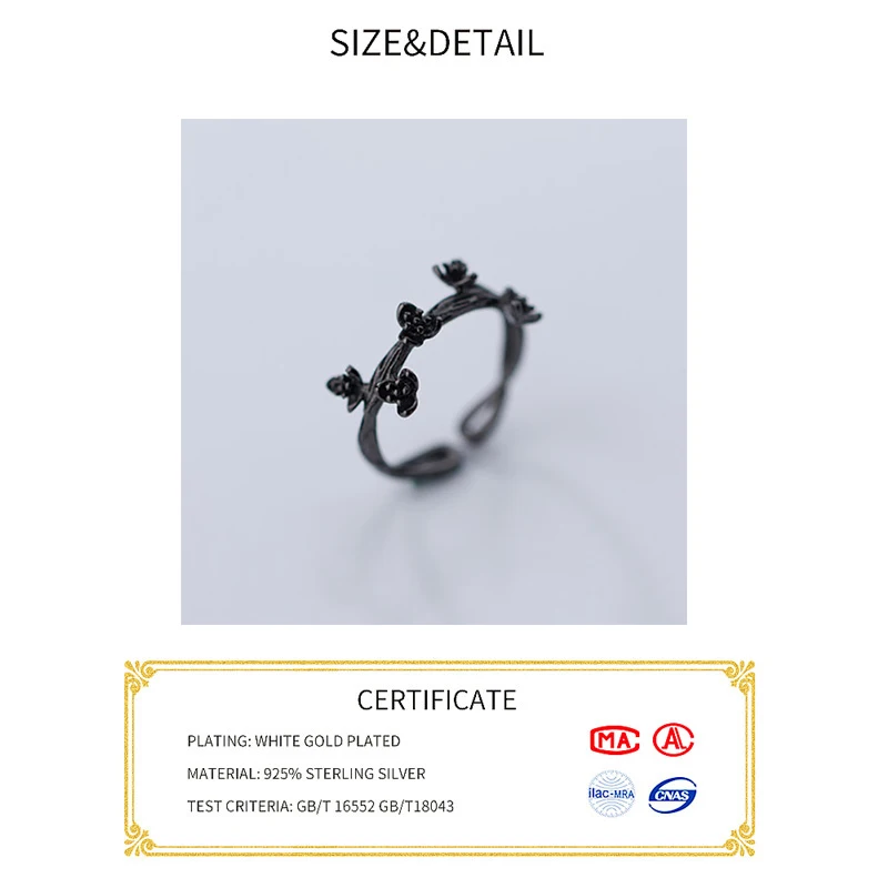 Женское кольцо с цветком розы регулируемое из серебра 925 пробы черным покрытием