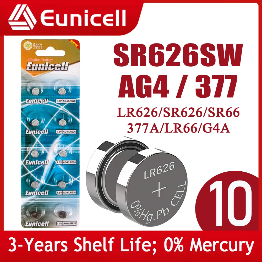 Щелочные батарейки Eunicell SR626SW LR626 AG4 10 шт. для пилы SR66 LR66 377 377A 1 5 в щелочные часов