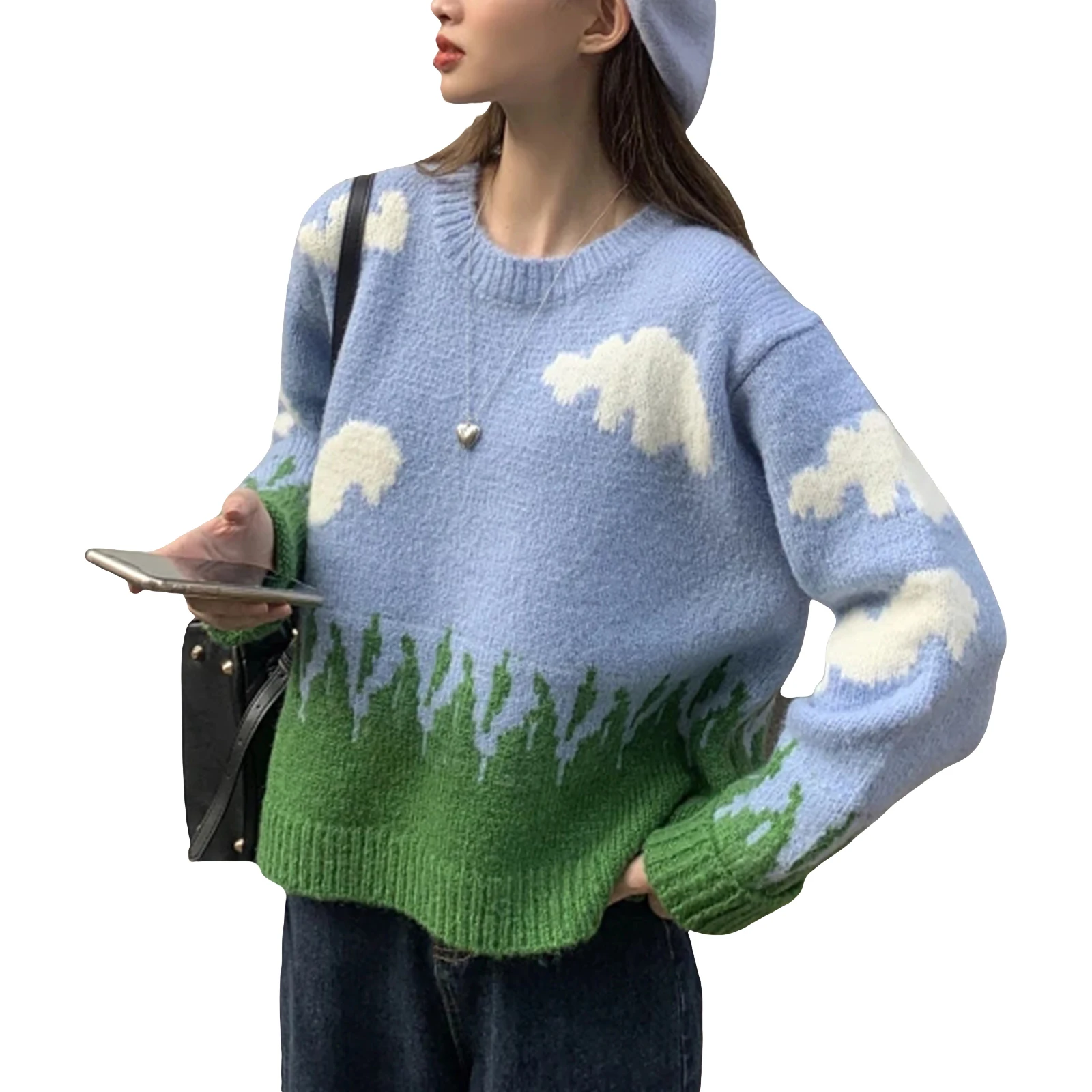 Женский трикотажный свитер с круглым вырезом длинным рукавом | Женская одежда