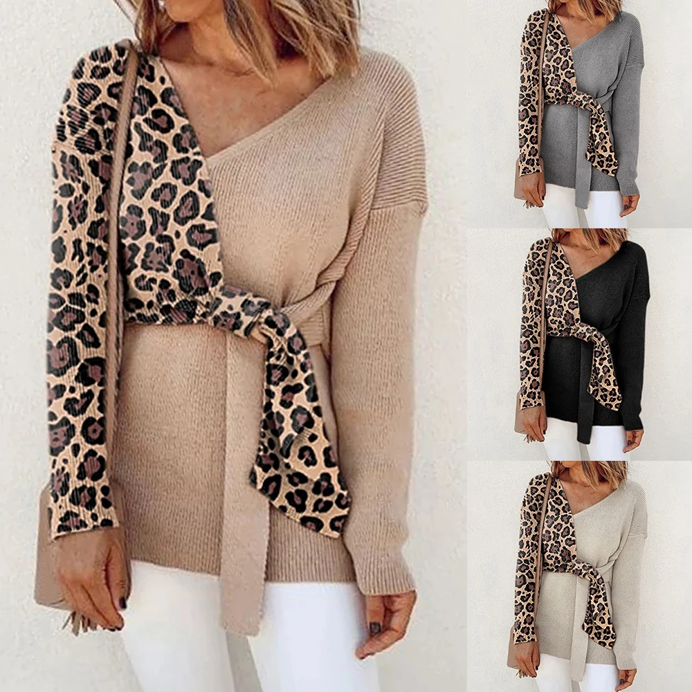 Women Patchwork Blouse Sweater Long Sleeve Bandage Baggy V Neck Loose Boho Ladies Two Tone Leopard Shirt Tops 2019 New | Женская одежда