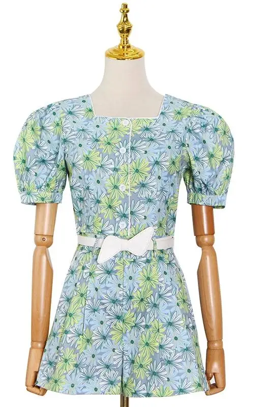 

2021 Summer Fashion Print Casual Set Women Sexy Square Collar Puff Sleeve Tops Wide Leg Sashes Shorts Female Sets Clothes