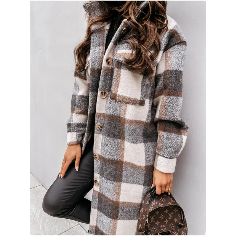 

Leosoxs 2021 Winter New Fashion Lapel Women's Jacket Casual Loose Solid Button Pocket Lattice Print Long Sleeve Lady Long Jacket