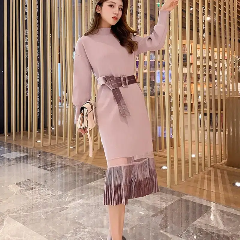 Женское осенне зимнее трикотажное платье свитер с длинным рукавом прозрачное