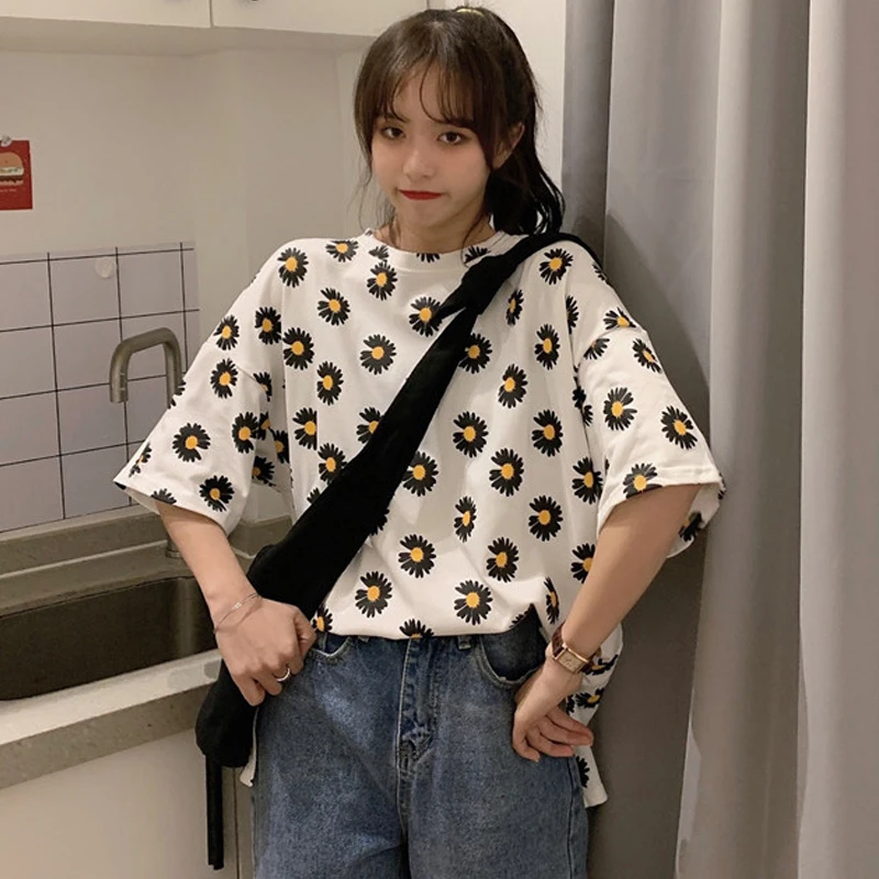 Harajuku Short Sleeve Women'S T-Shirt 2021 Summer Clothes For Girls Korean Style Oversized Flowers Print Top Female топы