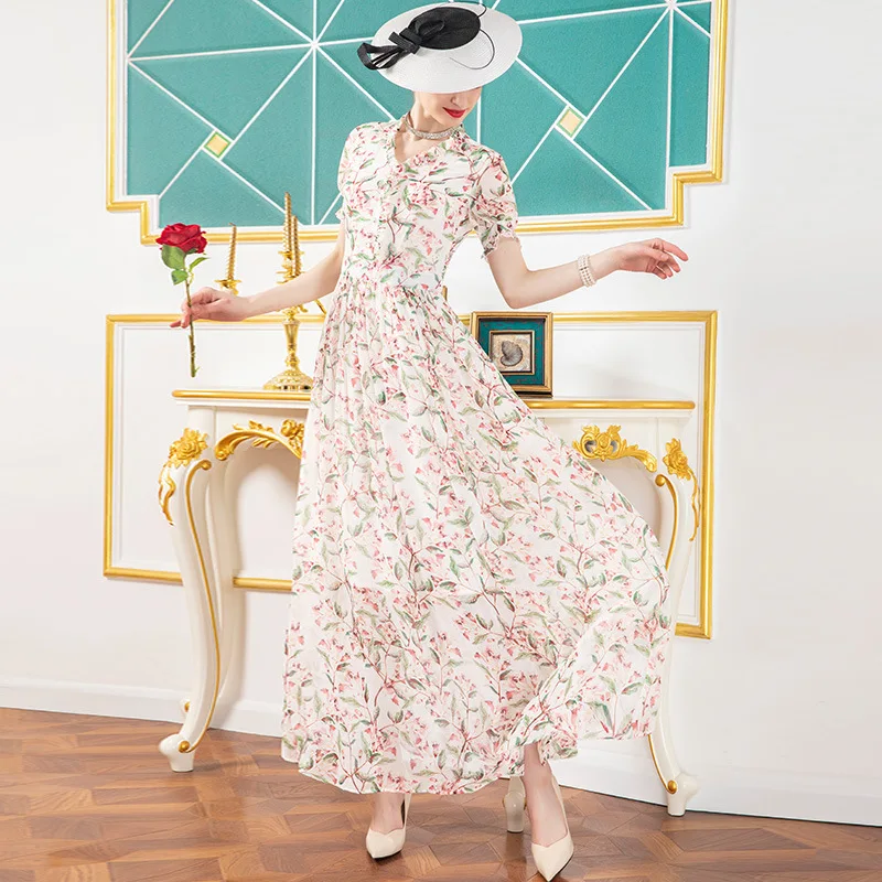

S to 4XL 2021 Summer New European Design Short Sleeve High Waist Long Maxi Floral Print Chiffon Dress for Graceful Lady