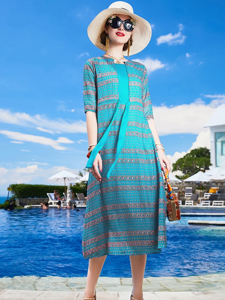 

casual silk 200% real elegant summer dress blue midi dresses for women fashion 2020 new arrival vestido KML22B4250 pph409
