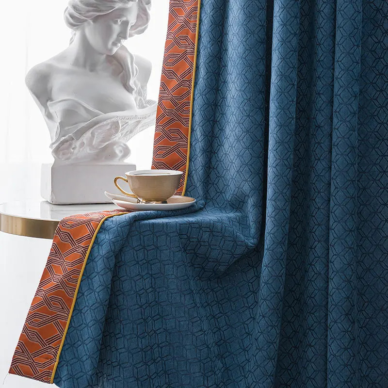 

New Chinese Style Simple Morangue Chenille Jacquard Plain Velvet Geometry Curtains for Living Dining Room Bedroom