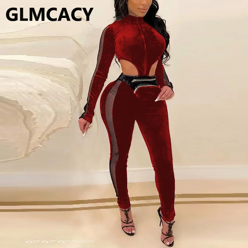 

Women Long Sleeve Mesh Insert Cut Out Velvet Jumpsuit Sexy Slim Overalls
