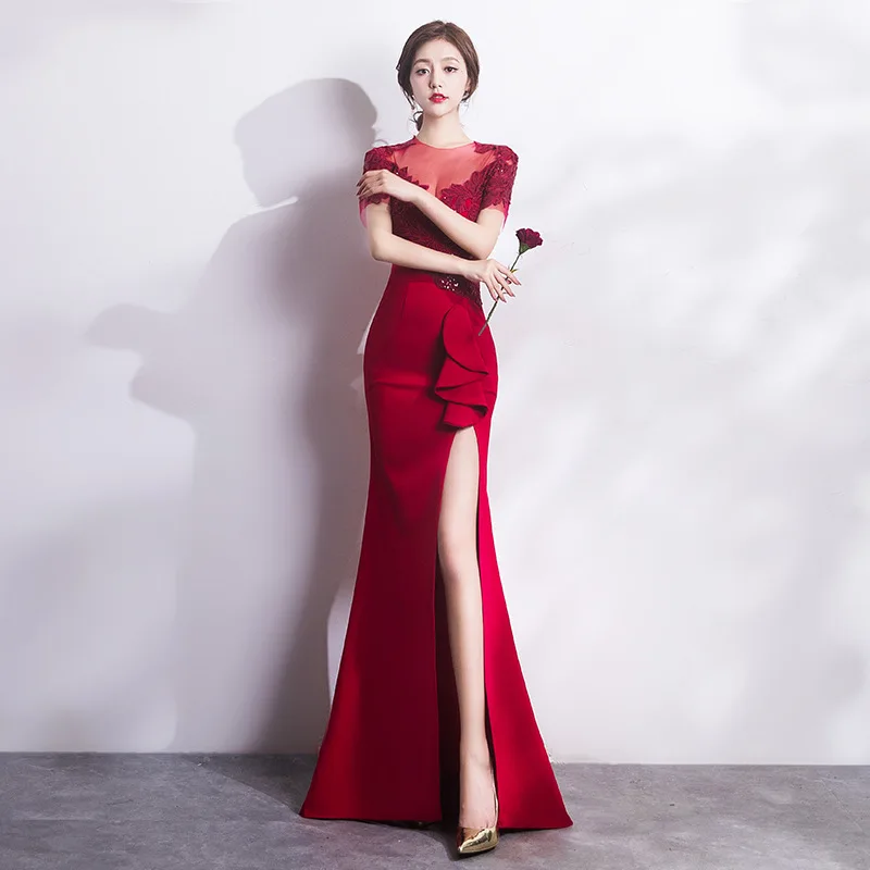 

Sexy Perspective Crew Neck Cheongsam Mermaid Exquisite Embroidery Floral Dress Elegant Bling Sequins Maxi Trumpet Banquet Qipao