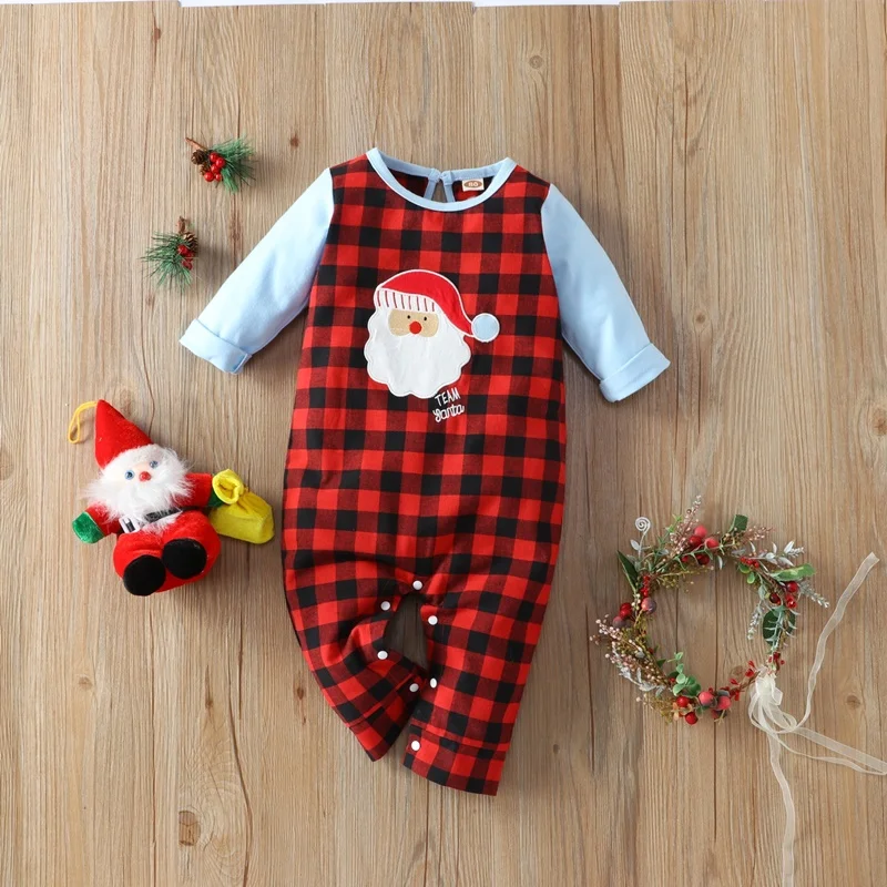 

New Baby Christmas Clothes Baby Rompers Plaid Santa Claus Patchwork Long Sleeve Baby Jumpsuits Festival Cute Baby Playsuit 0-18M