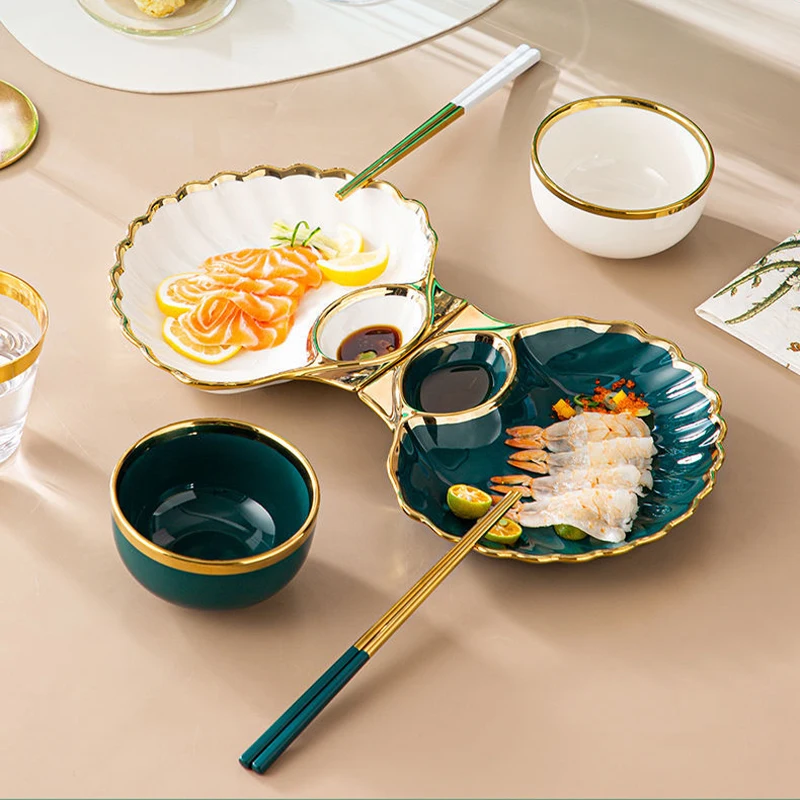 Nordic Ceramic Plate Seashell Plates With Vinegar Dish Sushi Dumpling Dish Gold Inlay Decorative Kitchen Tableware Accessories