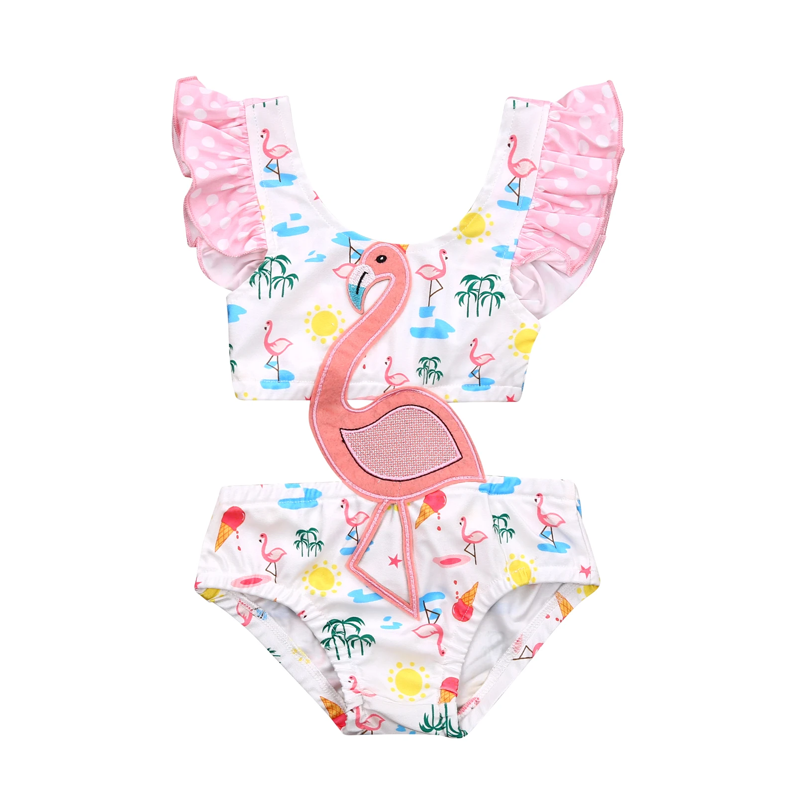 

Summer 2021 Infant Baby Girl Sweet Flamingo Patchv1-Piece Swimsuit Fashion Hollow Ruffles Suspender Swimwear Bathing Suit 0-3Y