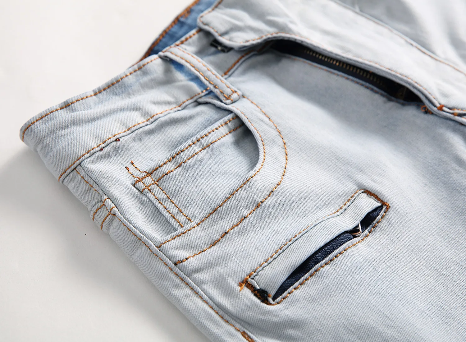 

2020 men's clothing zipper decoration hole shallow blue jeans teenagers stretch pants