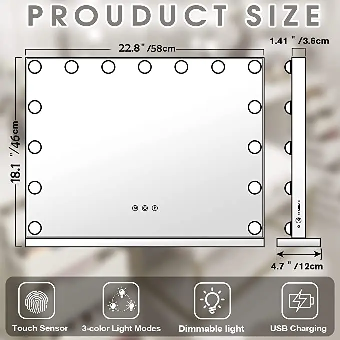 

Зеркало для макияжа, большое, с подсветкой, с подсветкой в голливудском стиле, для гардеробной, спальни, настольного или настенного креплени...