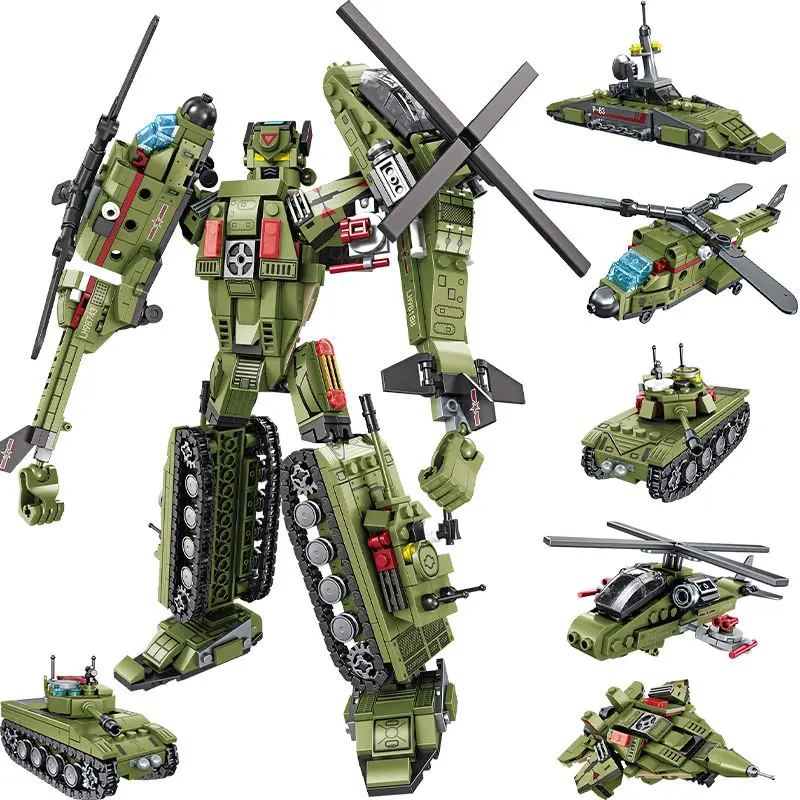 

6 In 1 Transformation Robot Guard Military Block Set 886Pcs Tank Fighter Warship Building Bricks Toy For Kids