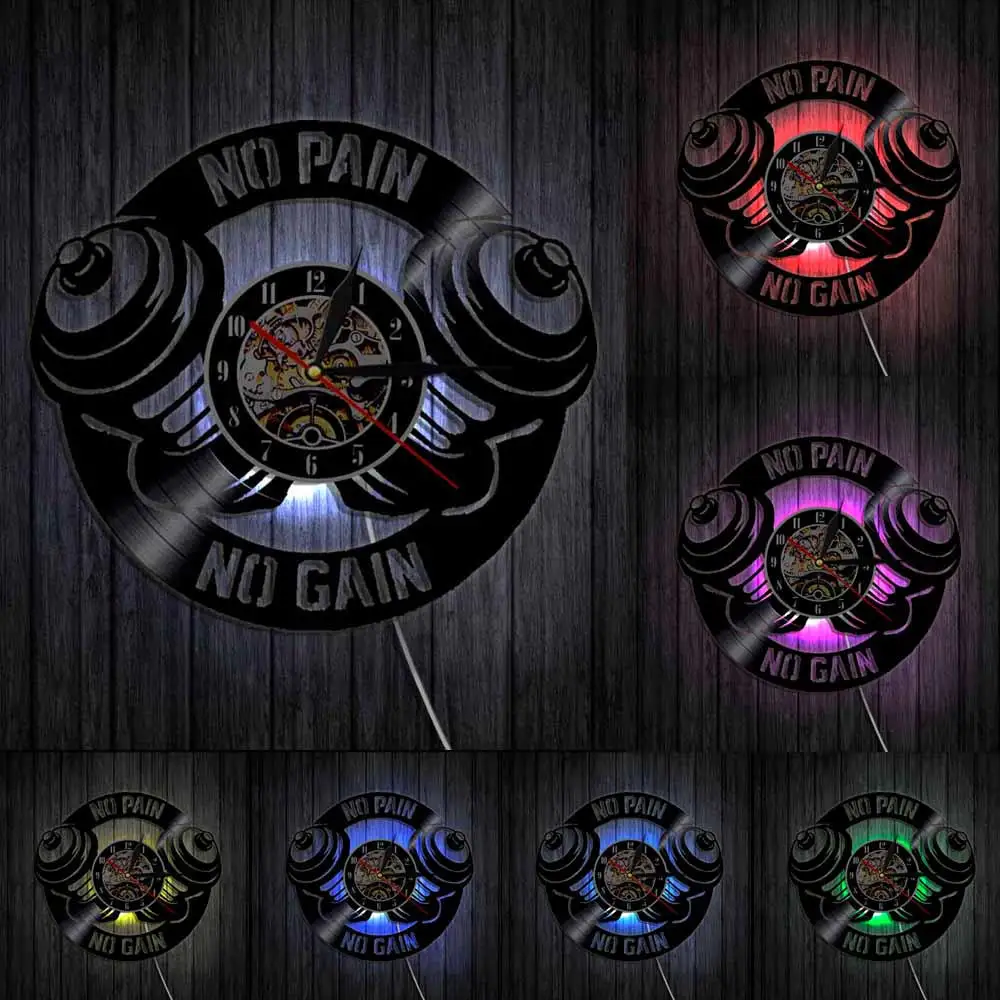 Workout Dumbbell Wall Clock No Pain Gain Cross fit Motivation GYM Fitness Sign Decor Vinyl Record Gift For Him | Дом и сад