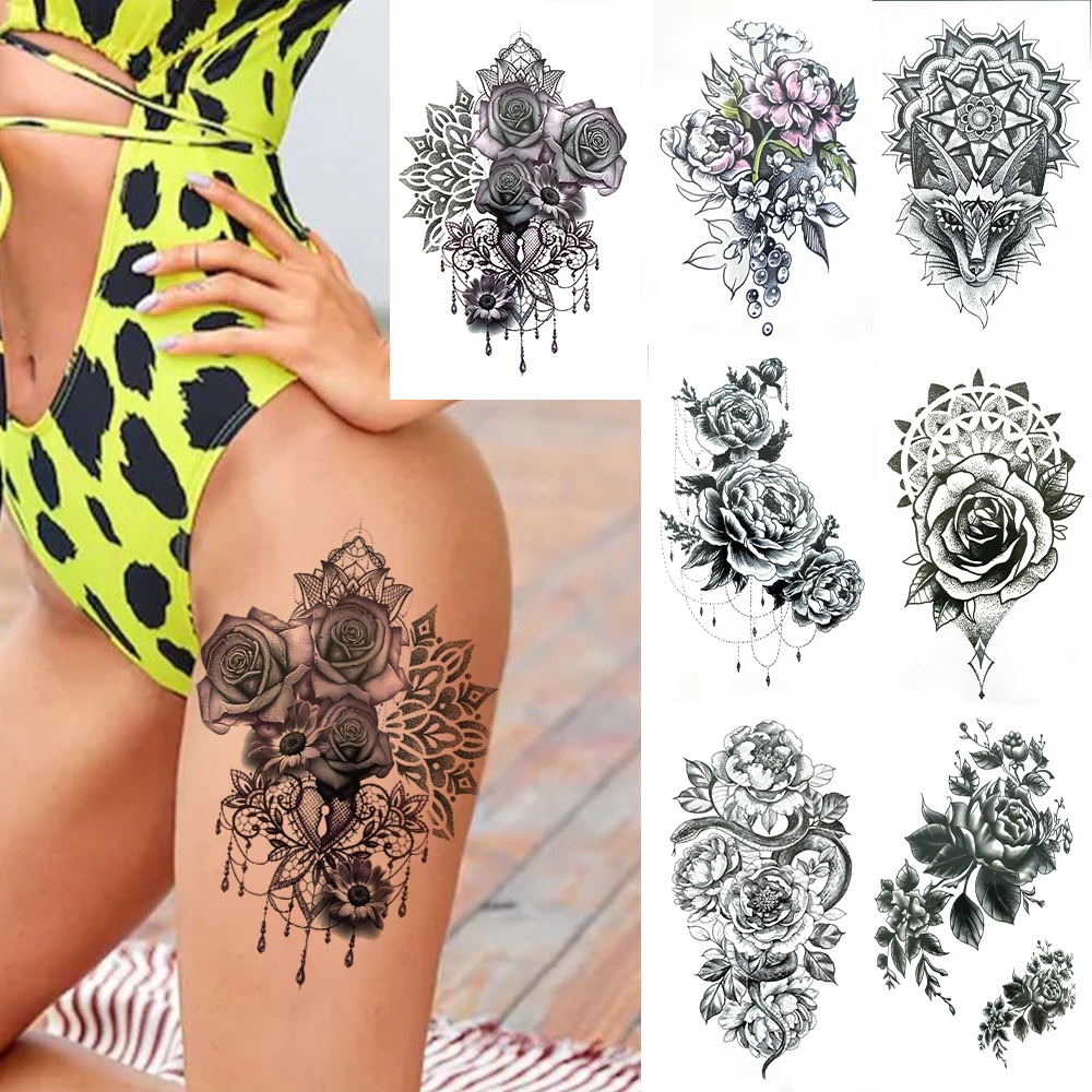 

Sexy Rosees Fake Temporary Tattoos For Women DIY Black Camellia Jasmine Tattoo Mandala Henna Flower Lion Tatoo Thigh Snake Daisy