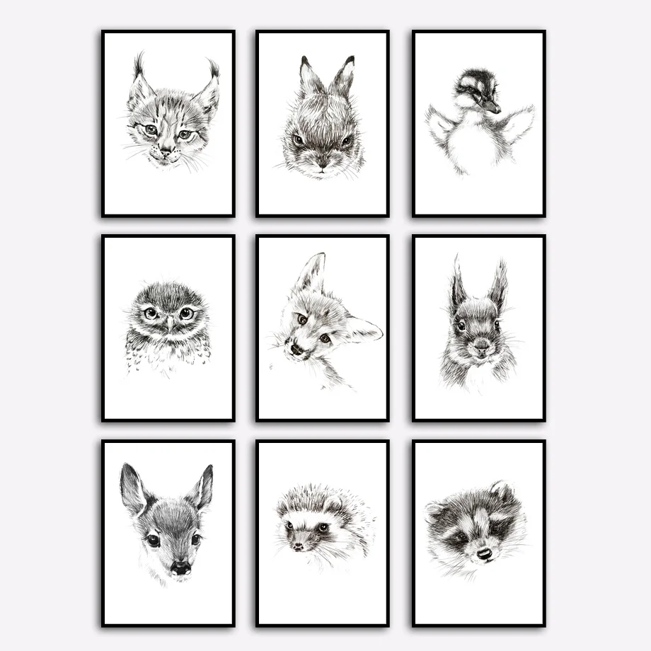 

Black White Animal Fox rabbit deer owl Wall Art Canvas Painting Nordic Posters And Prints Wall Pictures For Living Room Decor