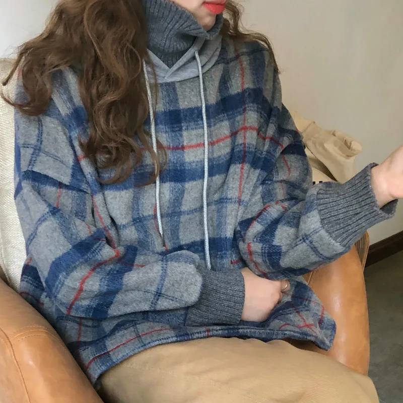 Толстовка в клетку с высоким воротником и капюшоном Корейская толстовка