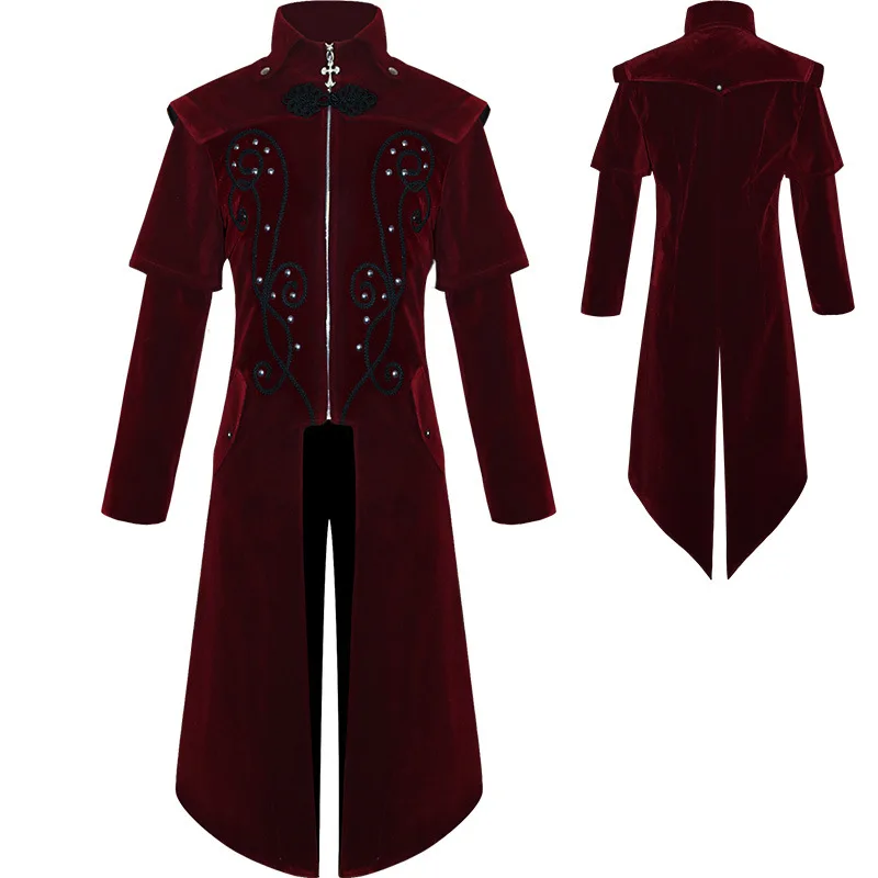 

Men's Medieval Steampunk Castle Vampire Devil Red Coat Cosplay Costume Middle Ages Victorian Nobles Tuxedo Suit Trench Coat