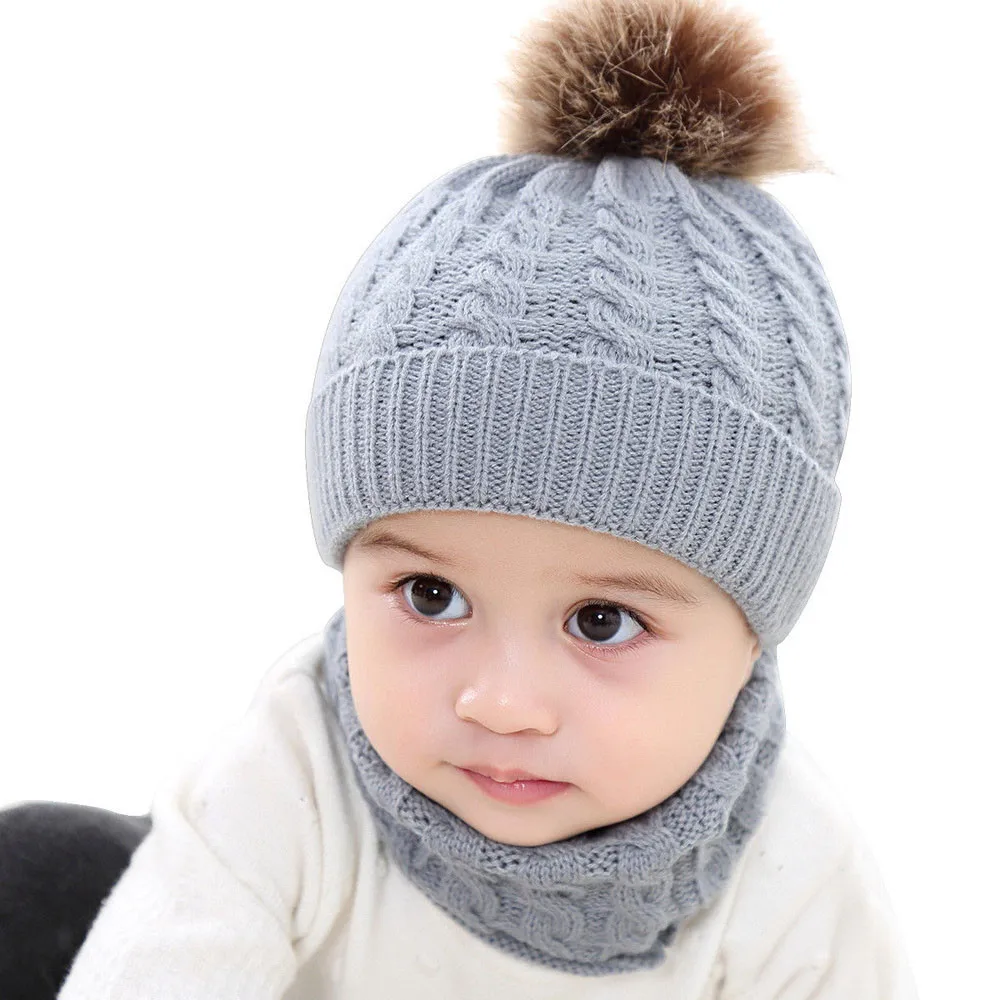0-2 Years 2Pcs Set Baby Newborn Kids Girls Boys Hat Winter Warm Knitted Wool Hemming Beanie Cap+Scarf Keep for Hats | Детская одежда и