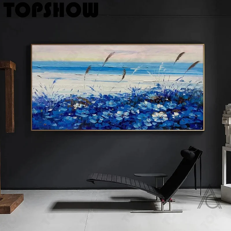 Большая оригинальная Абстрактная живопись с голубым небом и цветами Ручная