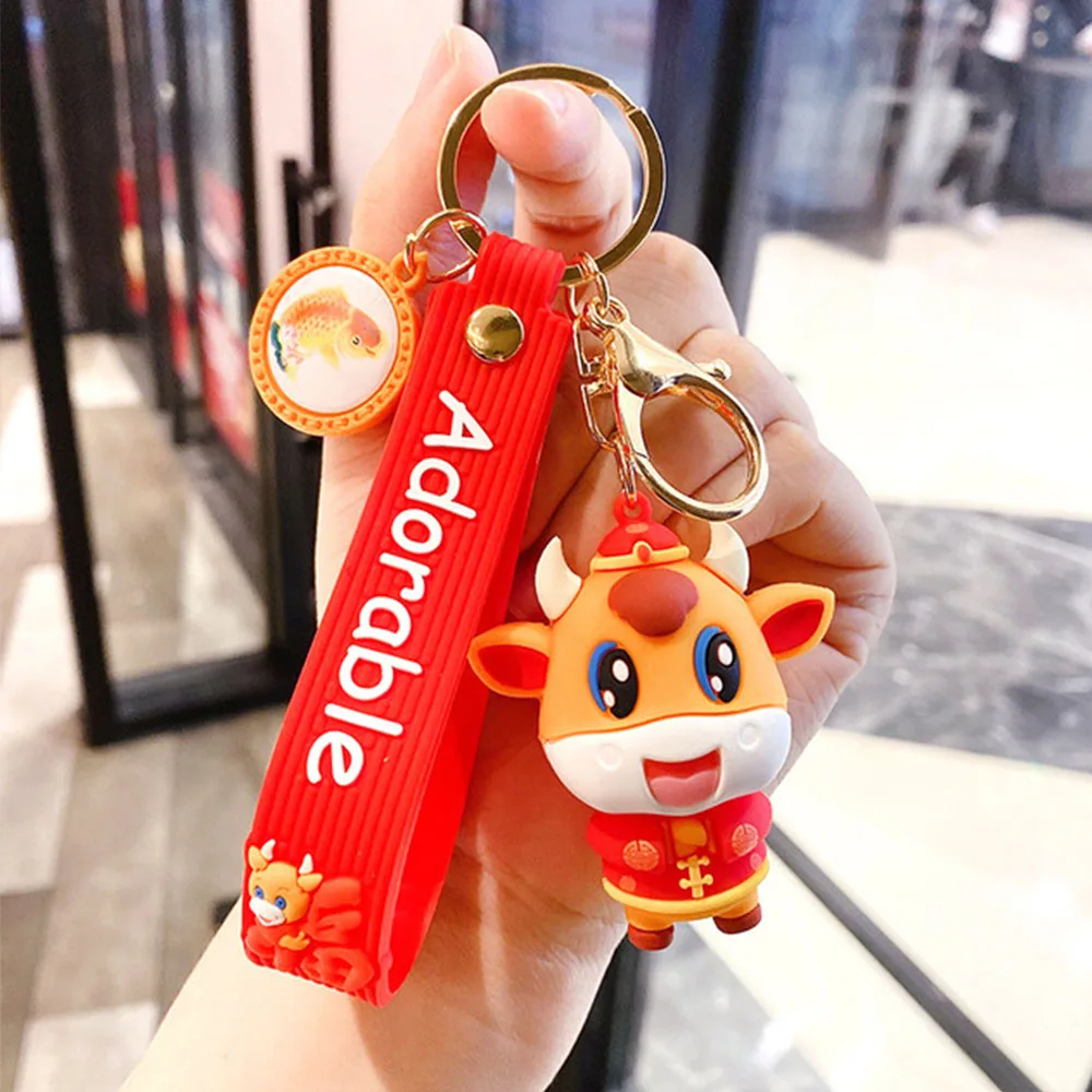 

New Creative Cute Cattle Year Mascot Keychain Cartoon Lucky Bags Doll Cow Bells Keychain Key Ring Car Bag Pendant Childern Gifts